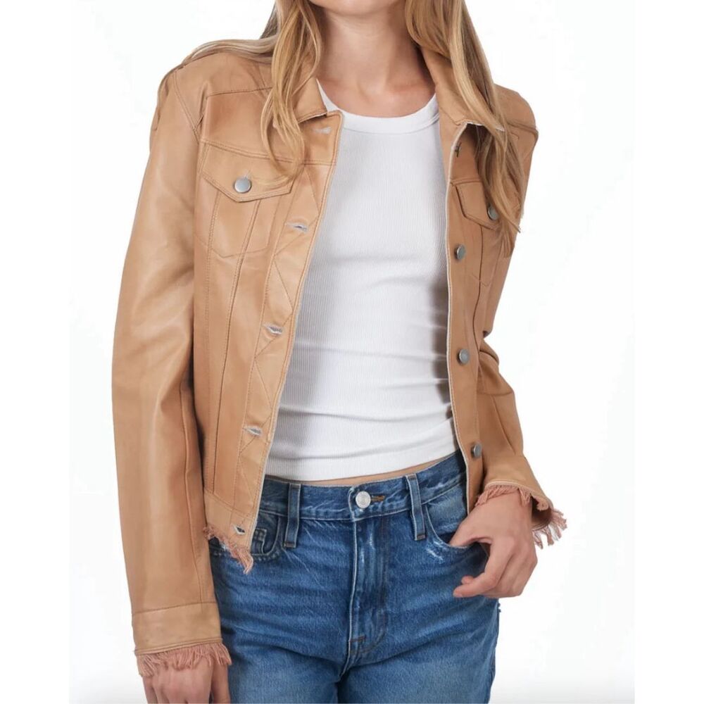 Jakett JKT Womens Alexa Patina Fringe Button Front Leather Jacket Au Lait Medium
